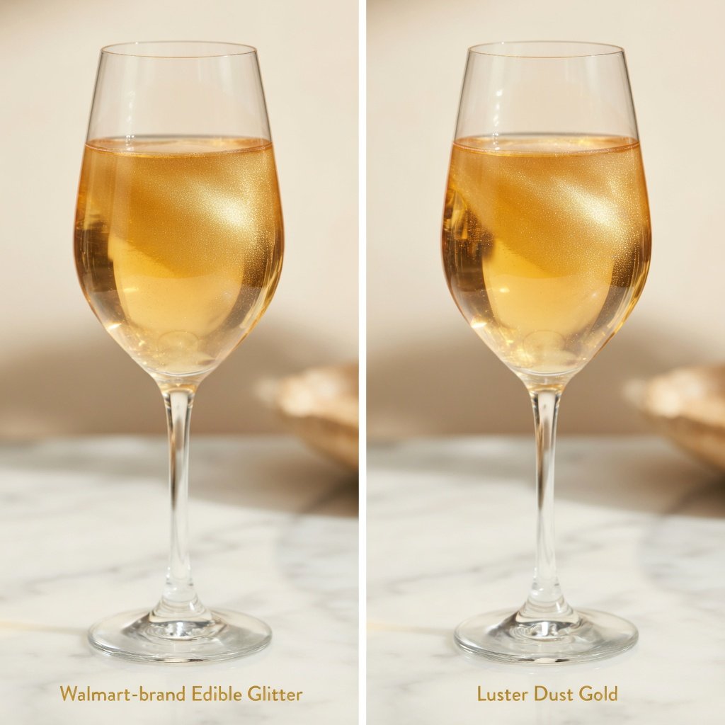 Edible glitter walmart comparison showing dull flat shimmer vs Luster Dust Gold's rich warm multidirectional glow in champagne glasses