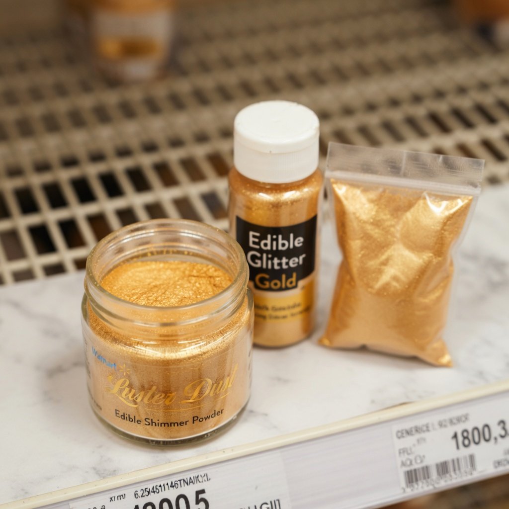 Edible glitter walmart shelf display with generic brands beside a sharp-focused Luster Dust jar in foreground