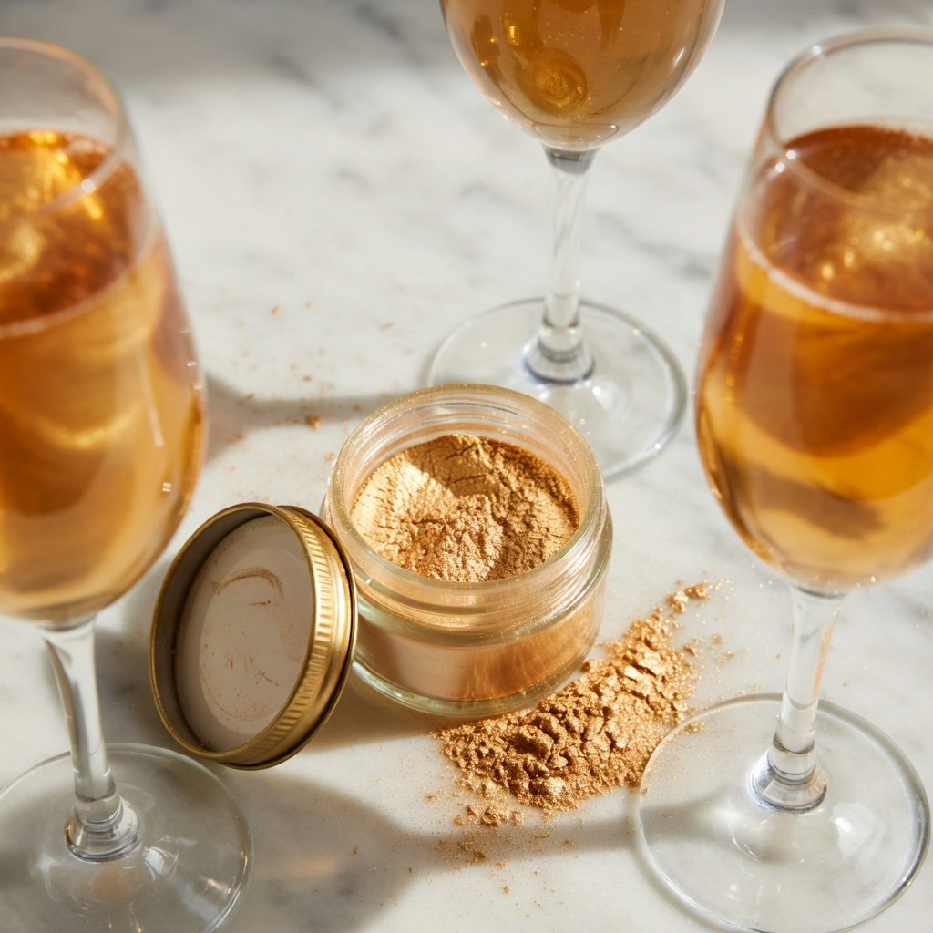 Edible gold glitter luster dust jar with open lid beside two champagne flutes swirling with gold shimmer on white marble