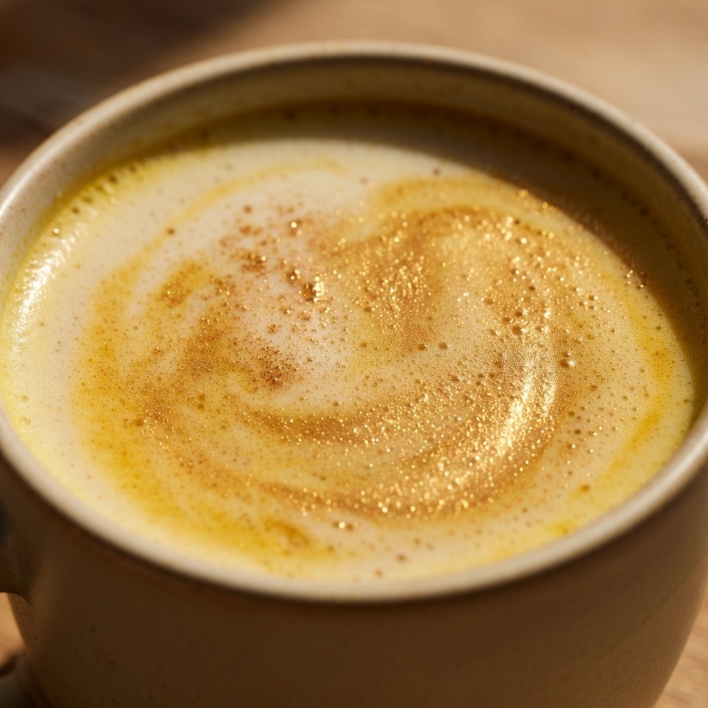 Edible gold glitter latte in a ceramic mug with gold shimmer swirling through turmeric milk and glitter-dusted foam