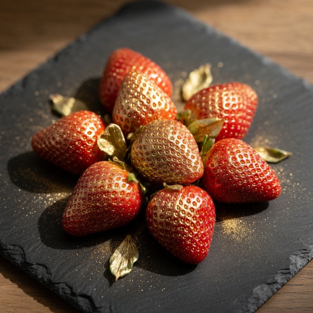 Edible gold glitter strawberries fanned on a dark slate board, luster dust catching warm light with a shimmer where they overlap