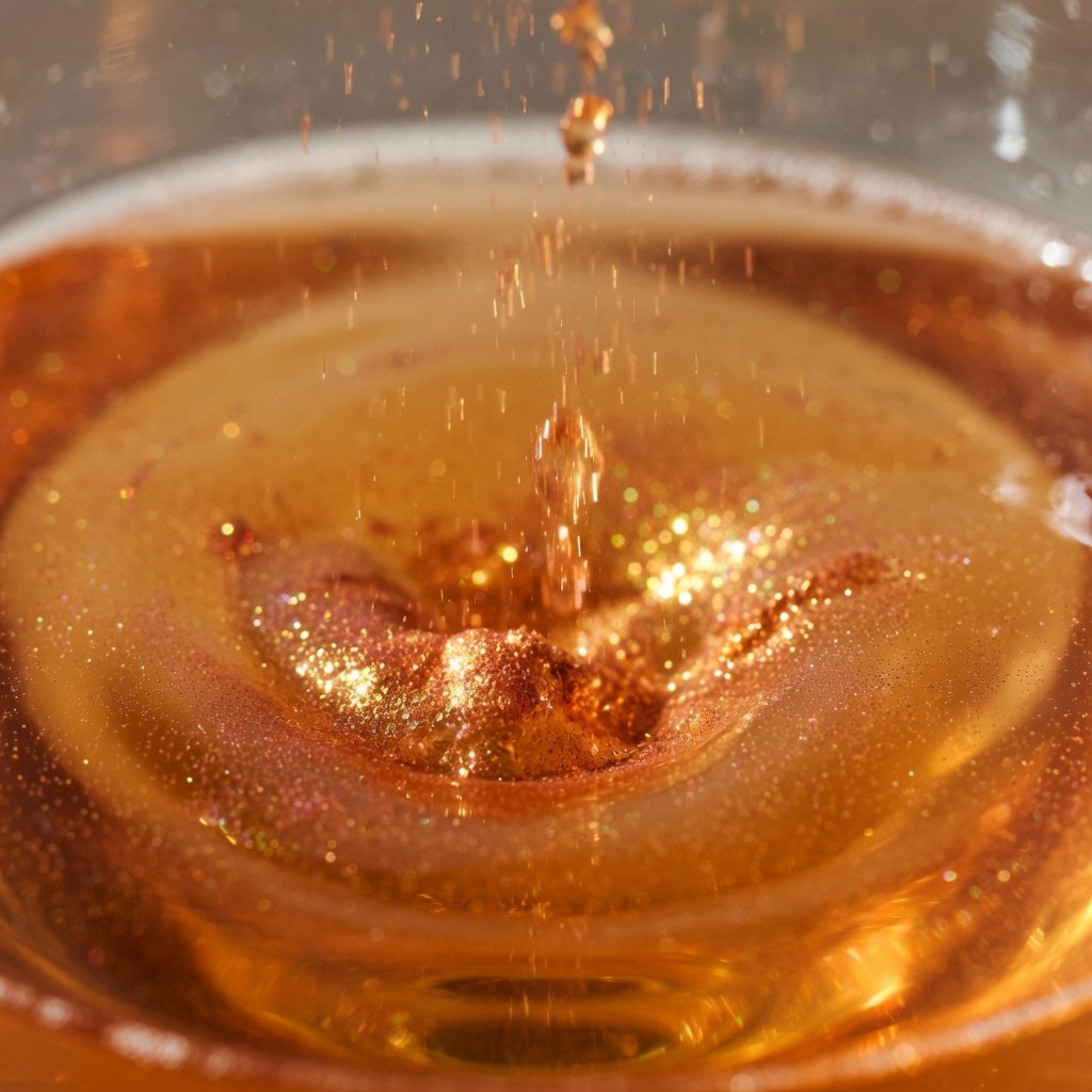 Edible gold glitter for drinks swirling into an amber cider cocktail, orange and gold particles catching light