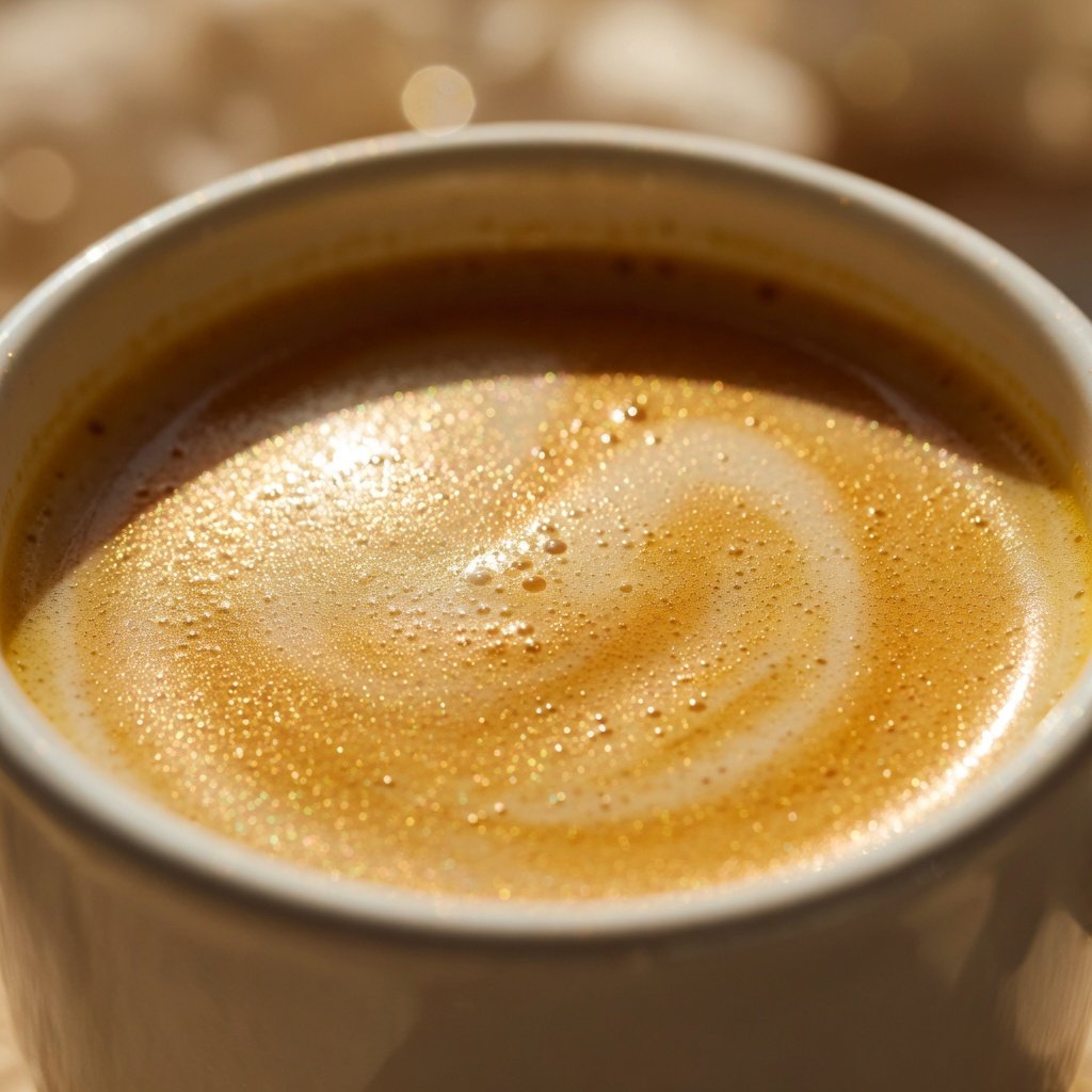 Edible gold glitter in turmeric latte catching warm afternoon light, showing gold shimmer particles suspended in the golden liquid