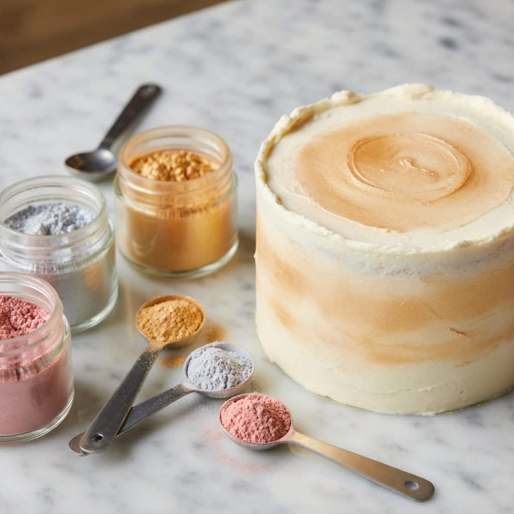 Edible gold luster dust for cakes shown in three open jars beside a tiered cake with gold shimmer and measuring spoons on marble