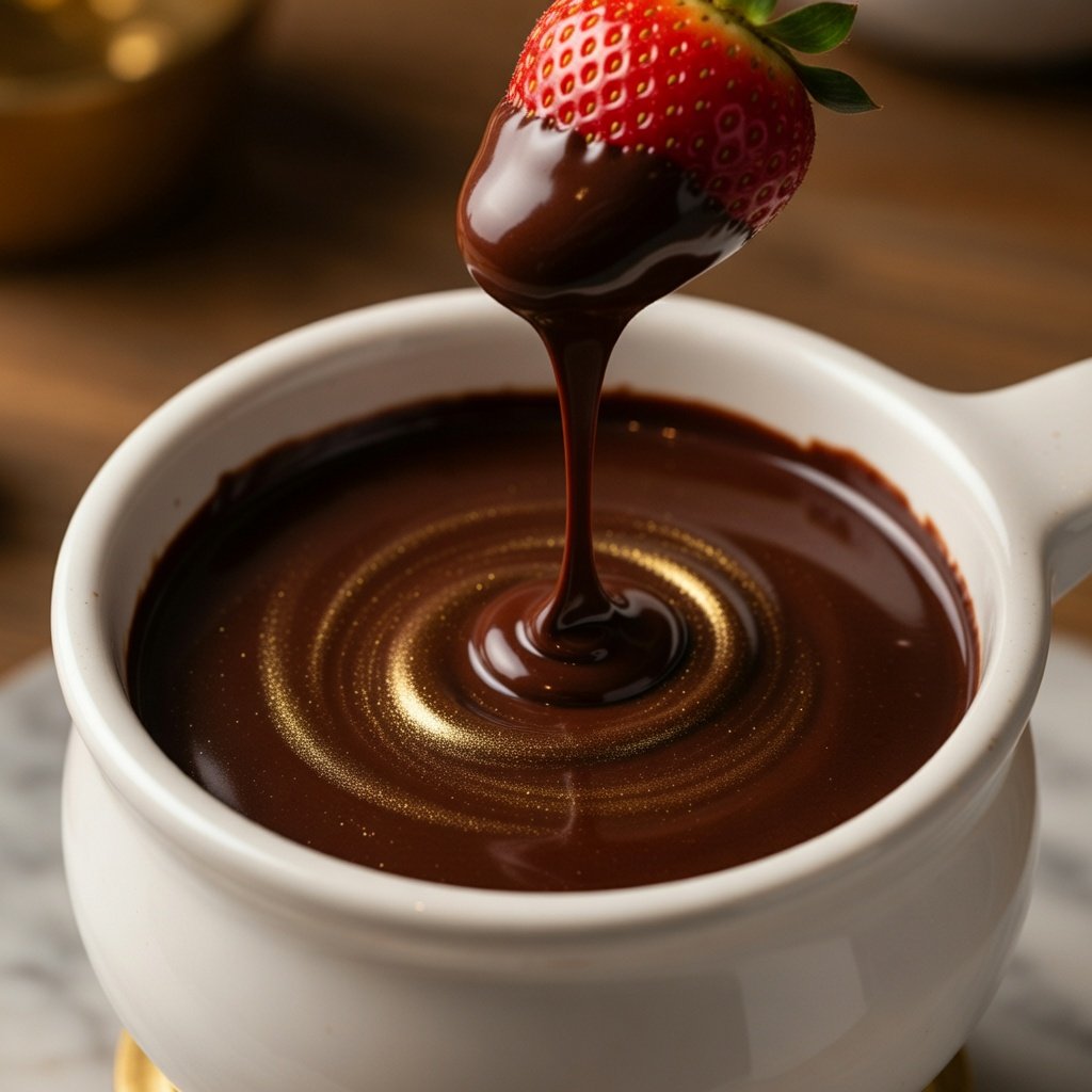Edible gold luster dust shimmering on dark chocolate fondue as a strawberry is dipped into a white ceramic pot