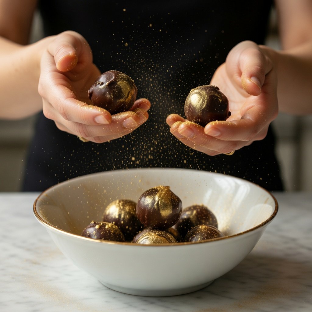 Edible gold luster dust on chocolate truffles being tossed in a white ceramic bowl, gold shimmer particles floating in moody kitchen light