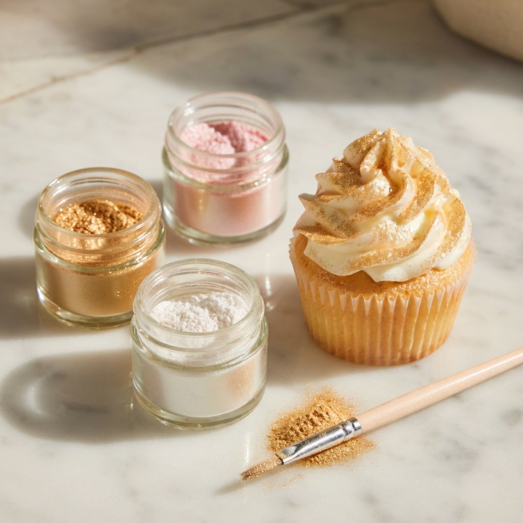 Edible luster dust jars in gold, pink, and white with a decorated cupcake, paintbrush, and shimmer powder on marble