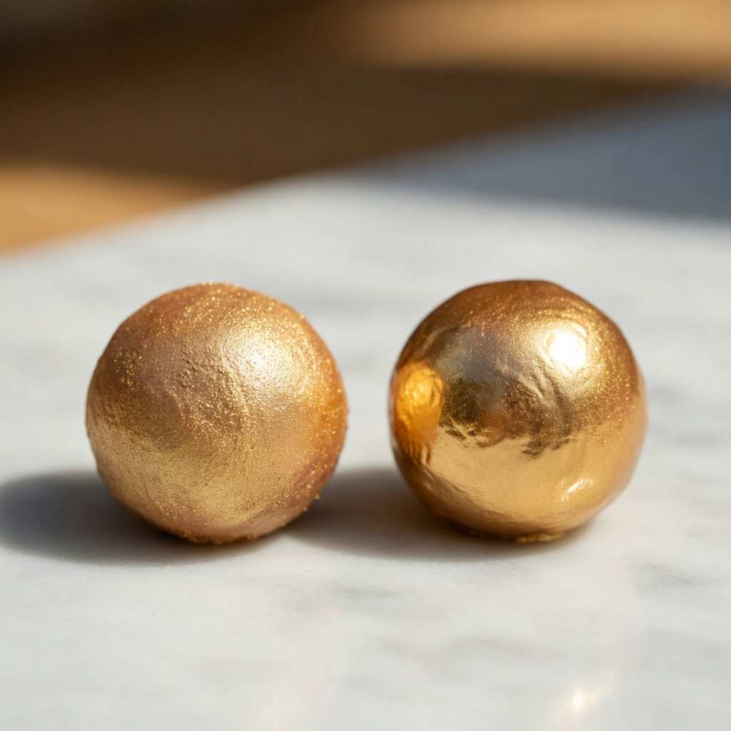 Edible luster dust for chocolate shown two ways: dry-dusted truffle vs painted metallic gold finish side by side