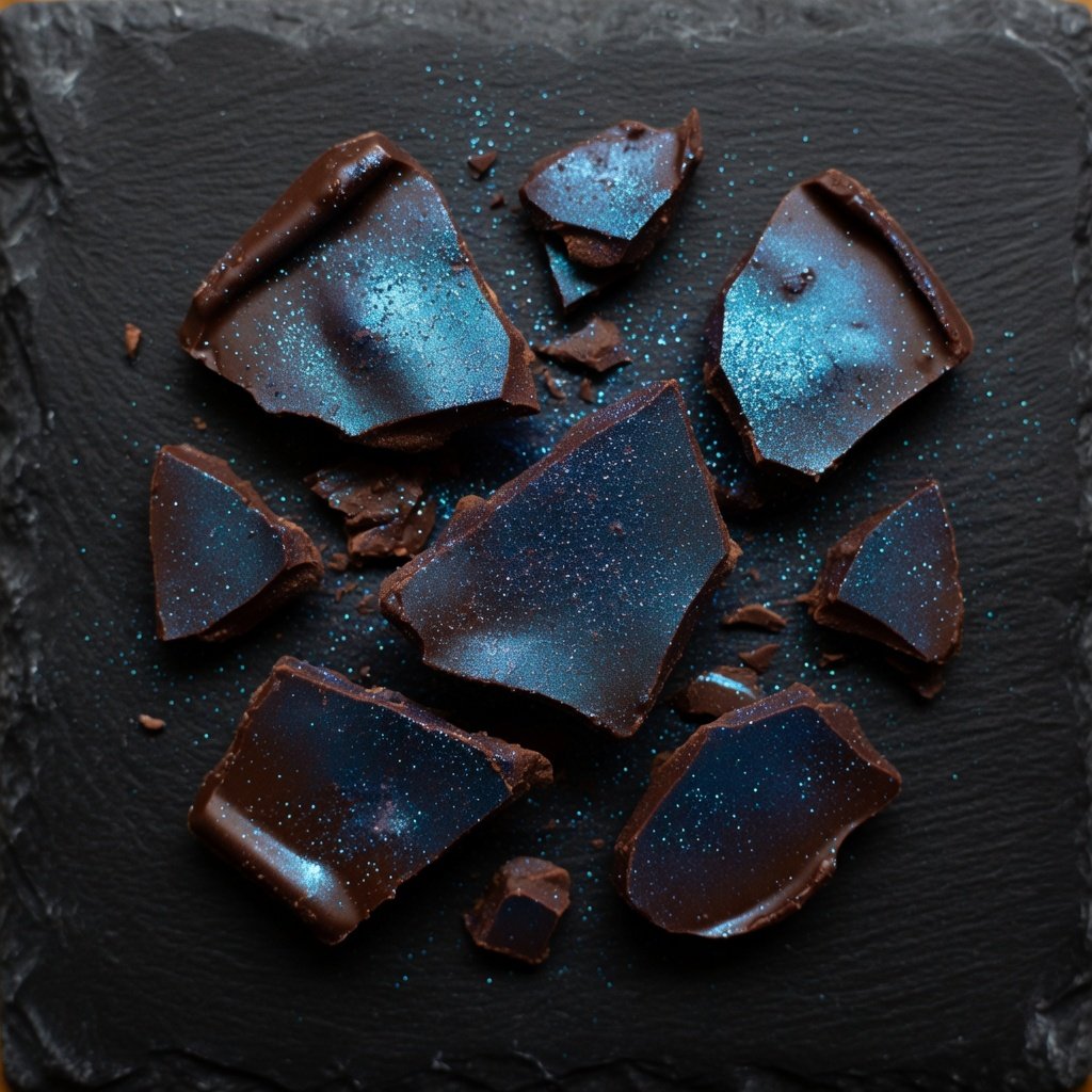 Edible luster dust for chocolate bark in deep blue and silver tones scattered across dark chocolate shards on a black slate board