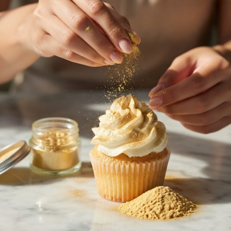 Hands applying edible luster dust to a white frosted cupcake beside an open gold luster dust jar on marble