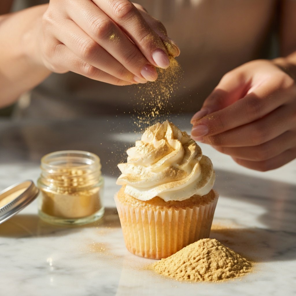 Hands applying edible luster dust to a white frosted cupcake beside an open gold luster dust jar on marble
