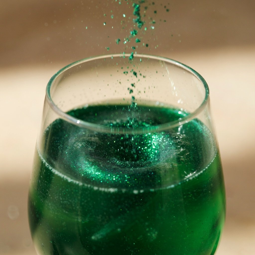 Edible luster dust for drinks swirling into a sparkling green mocktail, glitter particles catching light mid-drop