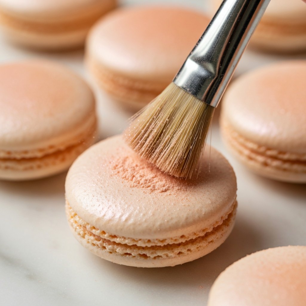 Edible pink glitter applied via dry-brush technique to macaron shell base, with pink edible glitter-dusted shells in background
