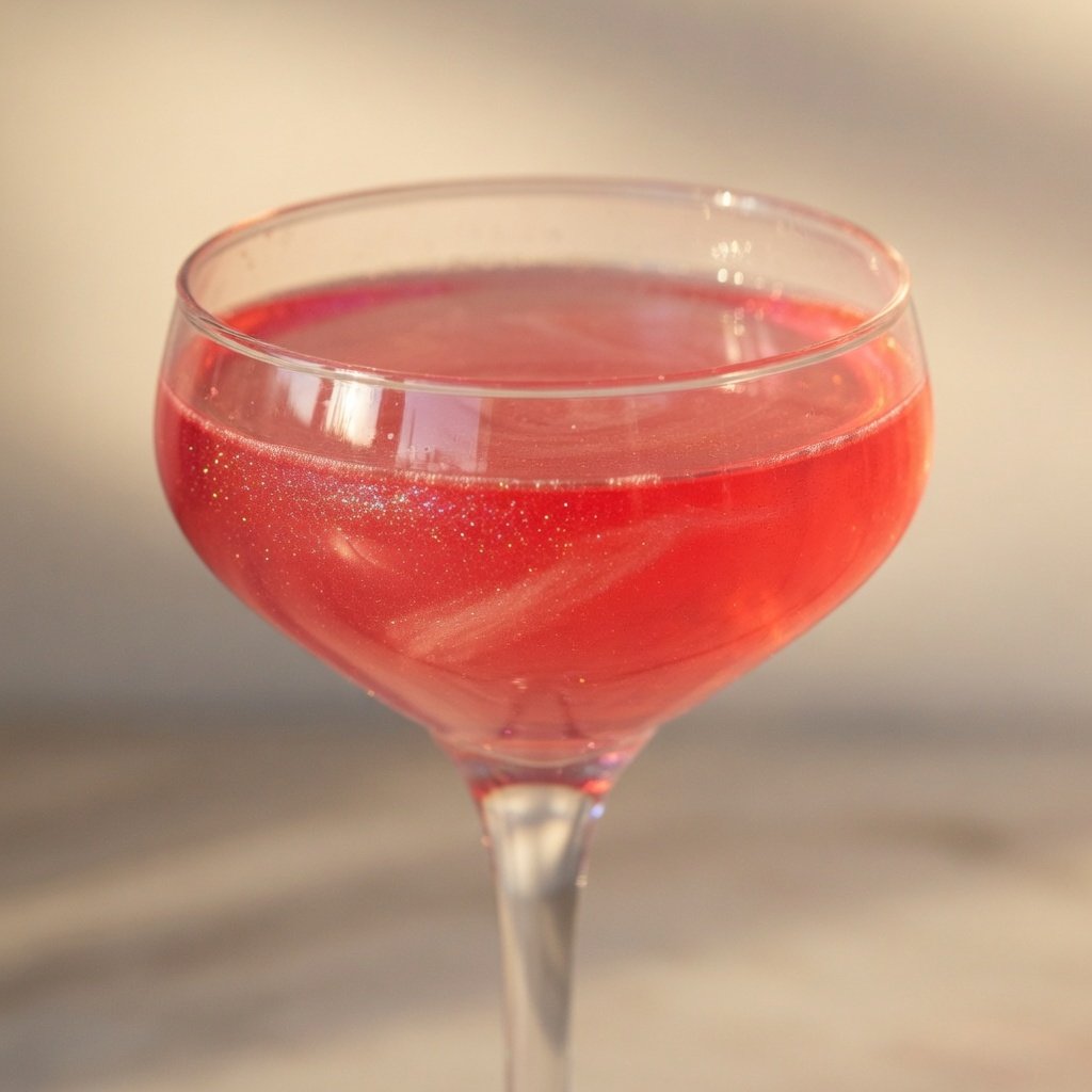 Edible pink glitter in drink swirling through a sparkling coupe cocktail, caught in warm natural light