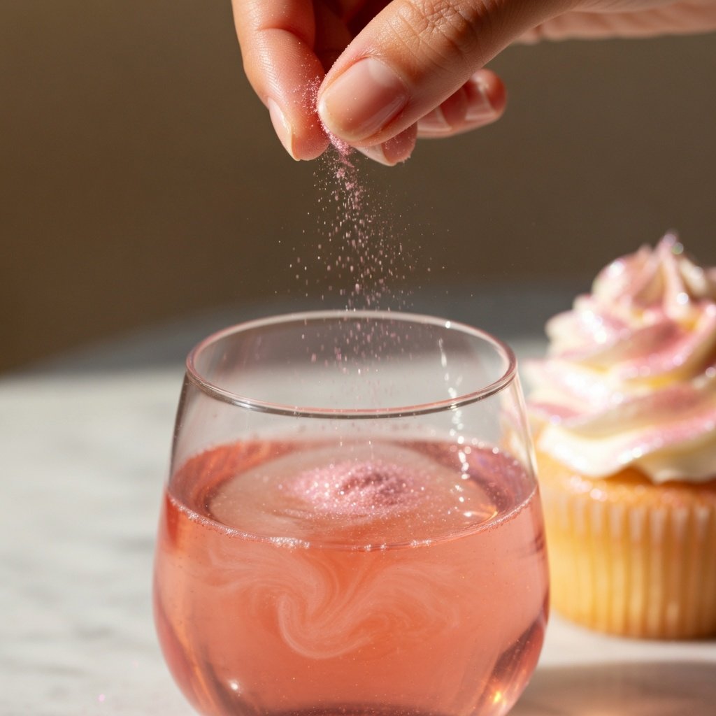 Edible pink glitter in lemonade catches light as a hand drops a pinch of pink luster dust into the glass