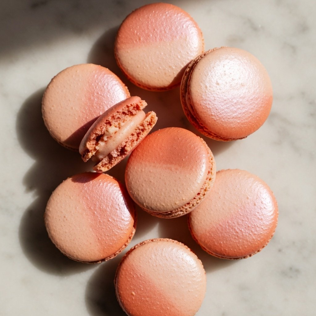 Edible pink glitter luster-dusted ombré macarons on white marble, graduating from pale blush to deep rose-gold