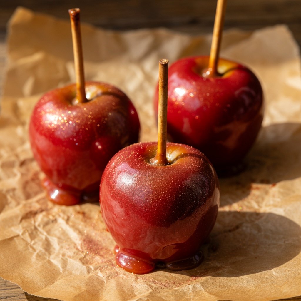 Edible red glitter dusted caramel apples on sticks, coated in deep red caramel with gold shimmer, arranged on parchment paper