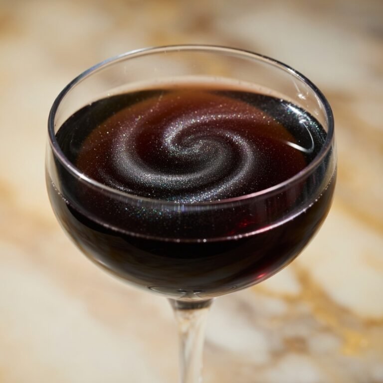 Edible silver glitter swirling through a dark cocktail in a coupe glass, silver luster dust catching dramatic overhead light