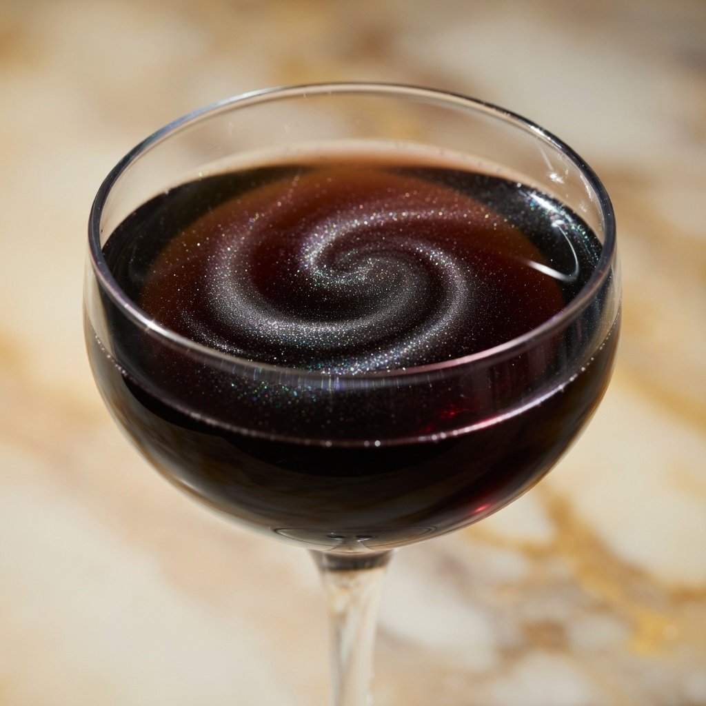 Edible silver glitter swirling through a dark cocktail in a coupe glass, silver luster dust catching dramatic overhead light