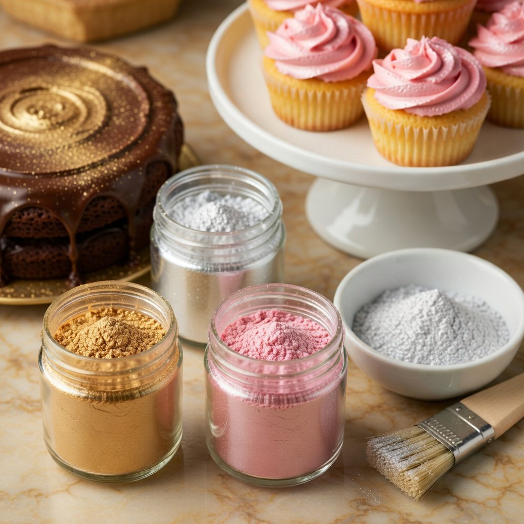 Edible vegan glitter luster dust jars in gold, silver, and pink beside a chocolate ganache cake and shimmer cupcakes