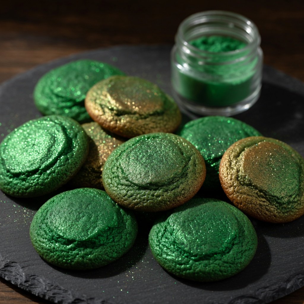 Edible cookie glitter dusted on emerald velvet cookies showing deep green shimmer and green-to-gold two-tone effect with luster dust jar in background