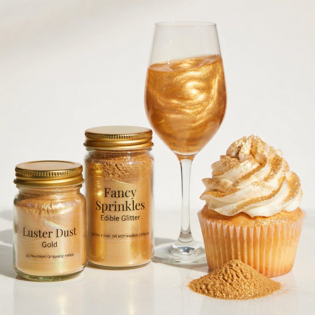 Fancy sprinkles edible glitter jar beside Luster Dust gold, with a shimmer-dusted cupcake and champagne glass on white