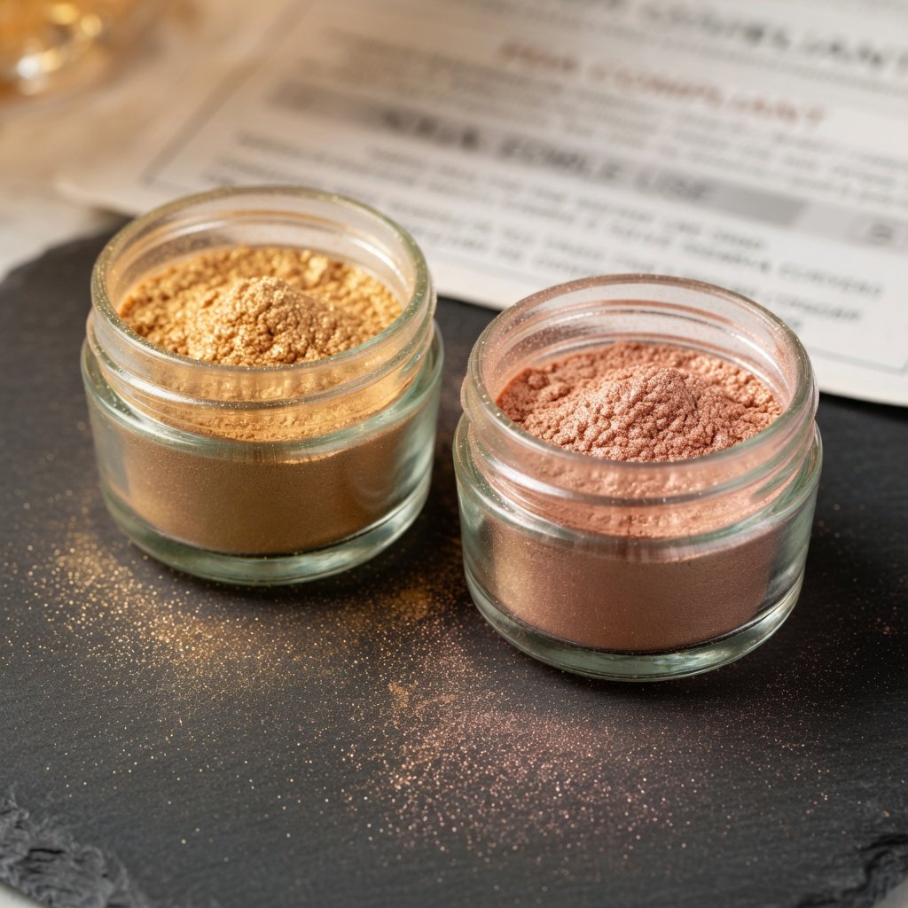 FDA approved edible glitter jars of gold and rose gold luster dust with shimmer powder dusted across a dark surface