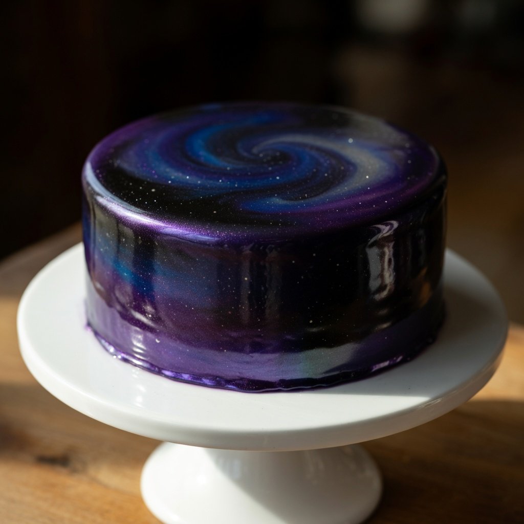 Cake with edible glitter in a galaxy mirror glaze swirling purple, blue, and black with silver shimmer on a white cake stand