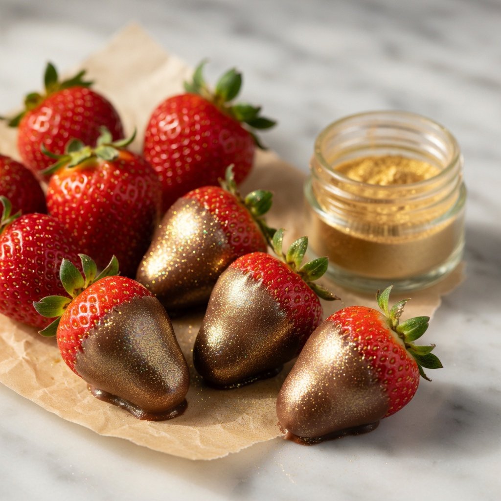 Gold edible glitter dusted strawberries on marble with an open jar of Luster Dust and parchment paper nearby