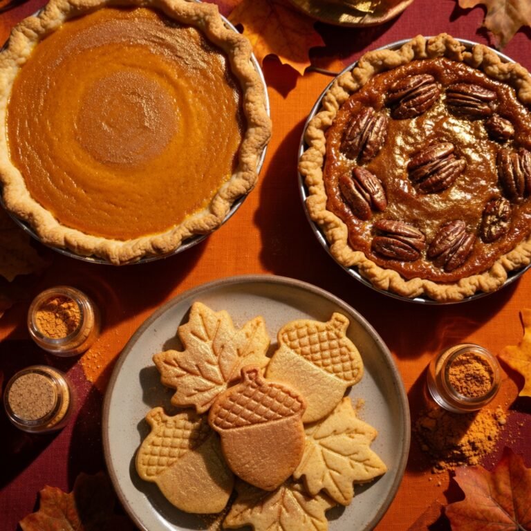 Gold edible glitter on pumpkin pie, pecan pie, and autumn cookies on a Thanksgiving dessert table with luster dust jars