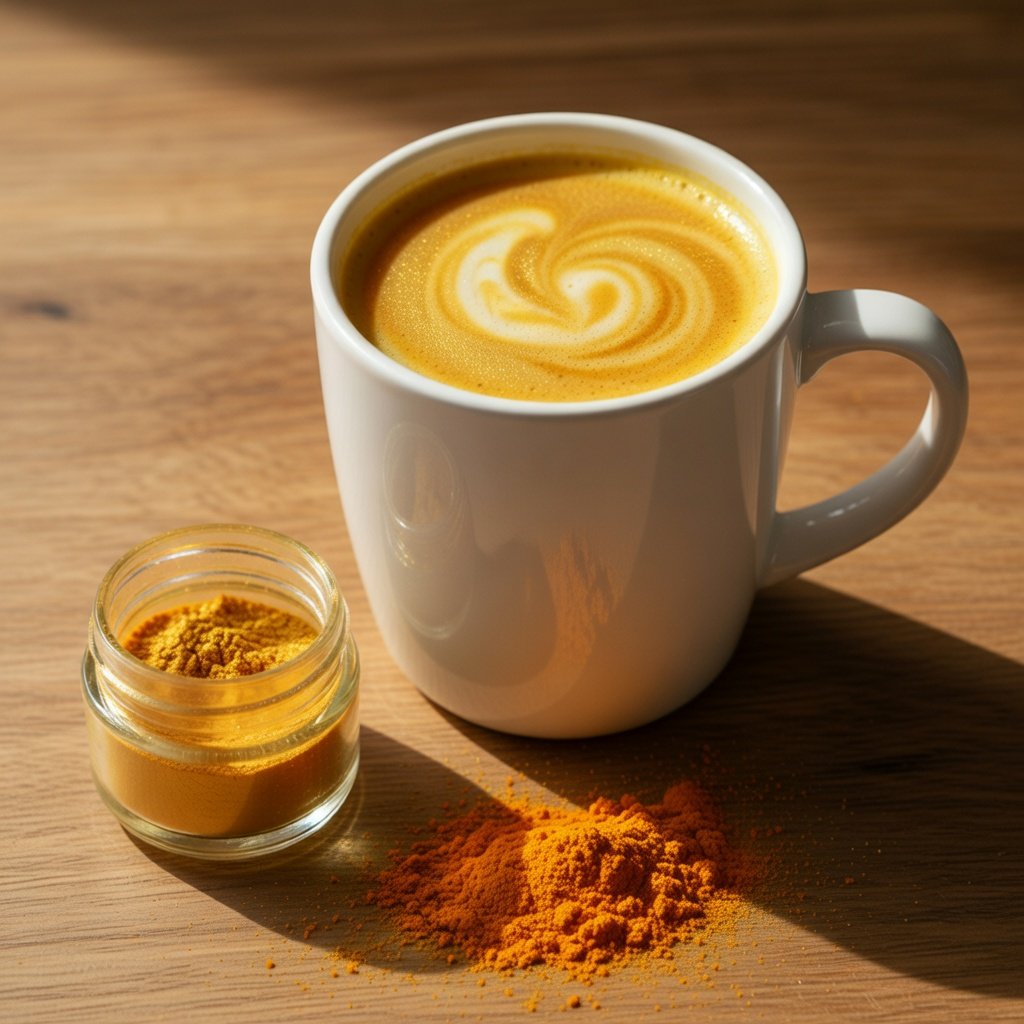 Gold edible glitter turmeric latte in a ceramic mug with shimmer on the surface, beside an open jar of Luster Dust and turmeric powder on wood