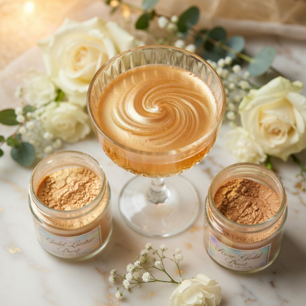 Gold edible glitter and rose gold luster dust jars styled on a wedding table beside a shimmering champagne flute with white florals