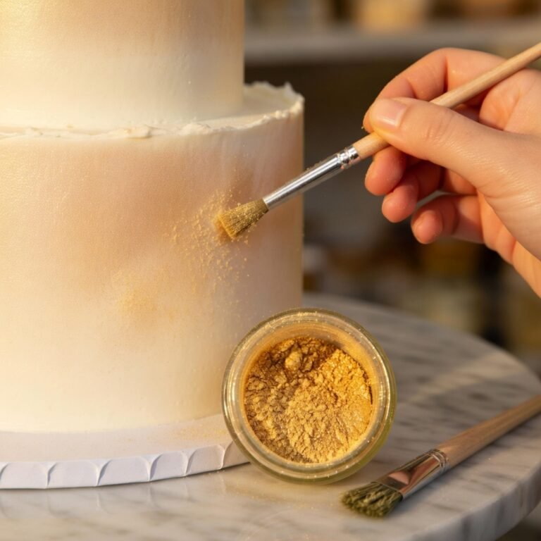Gold luster dust being brushed onto a white tiered fondant cake with an open jar and dry brush in the foreground