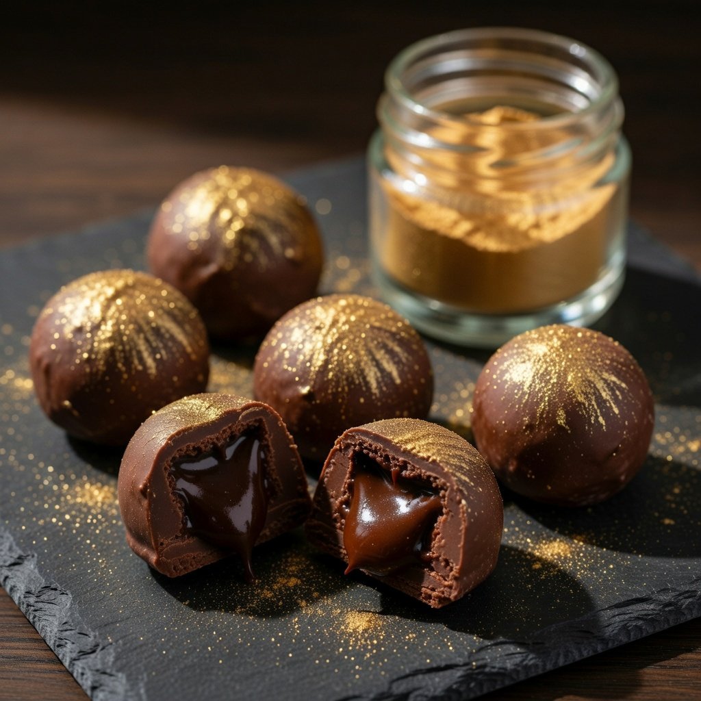 Gold luster dust on dark chocolate truffles displayed on a black slate board, cut truffles revealing ganache interior