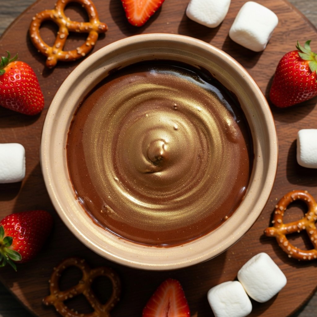 Gold luster dust edible chocolate fondue in a ceramic pot, shimmering under soft light with strawberries, pretzels, and marshmallows