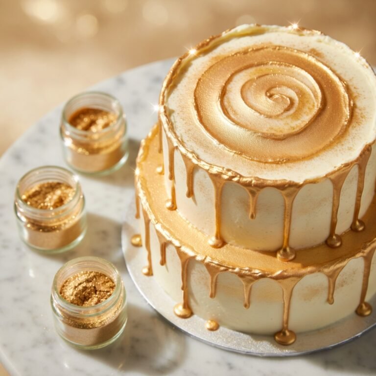 Cake with edible glitter dusted in gold luster dust on a three-tier frosted celebration cake, marble surface