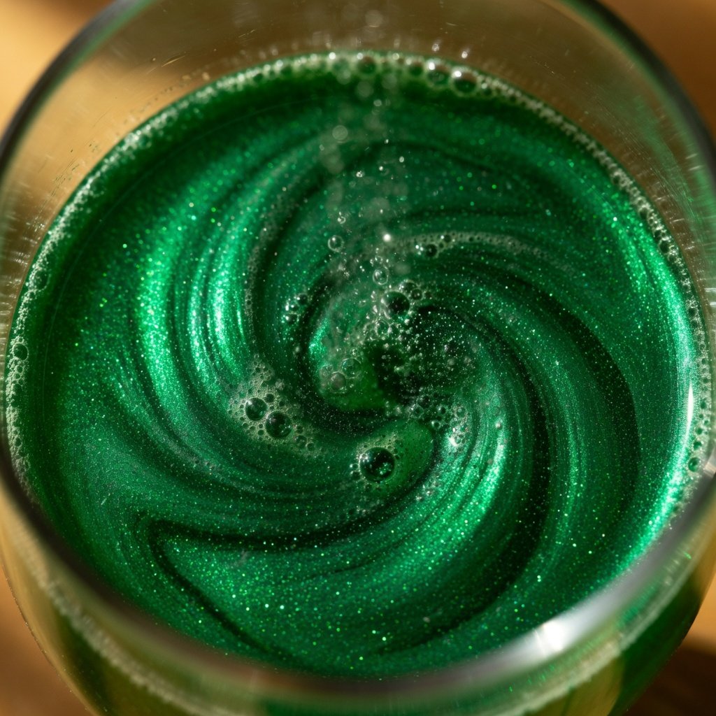 Green edible glitter in champagne flute swirling through bubbling liquid, shot from above in warm natural light