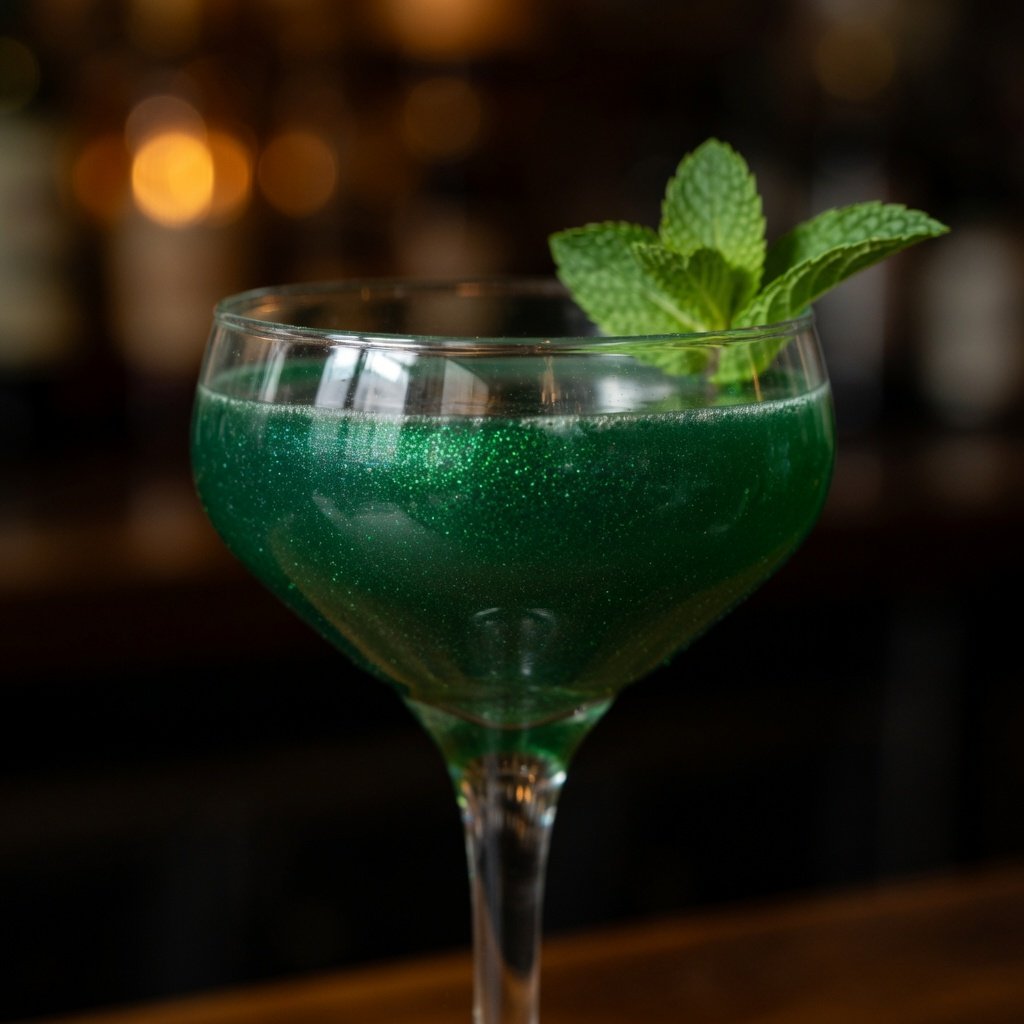 Green edible glitter suspended in a shimmering coupe cocktail, light catching green luster dust particles with fresh mint garnish