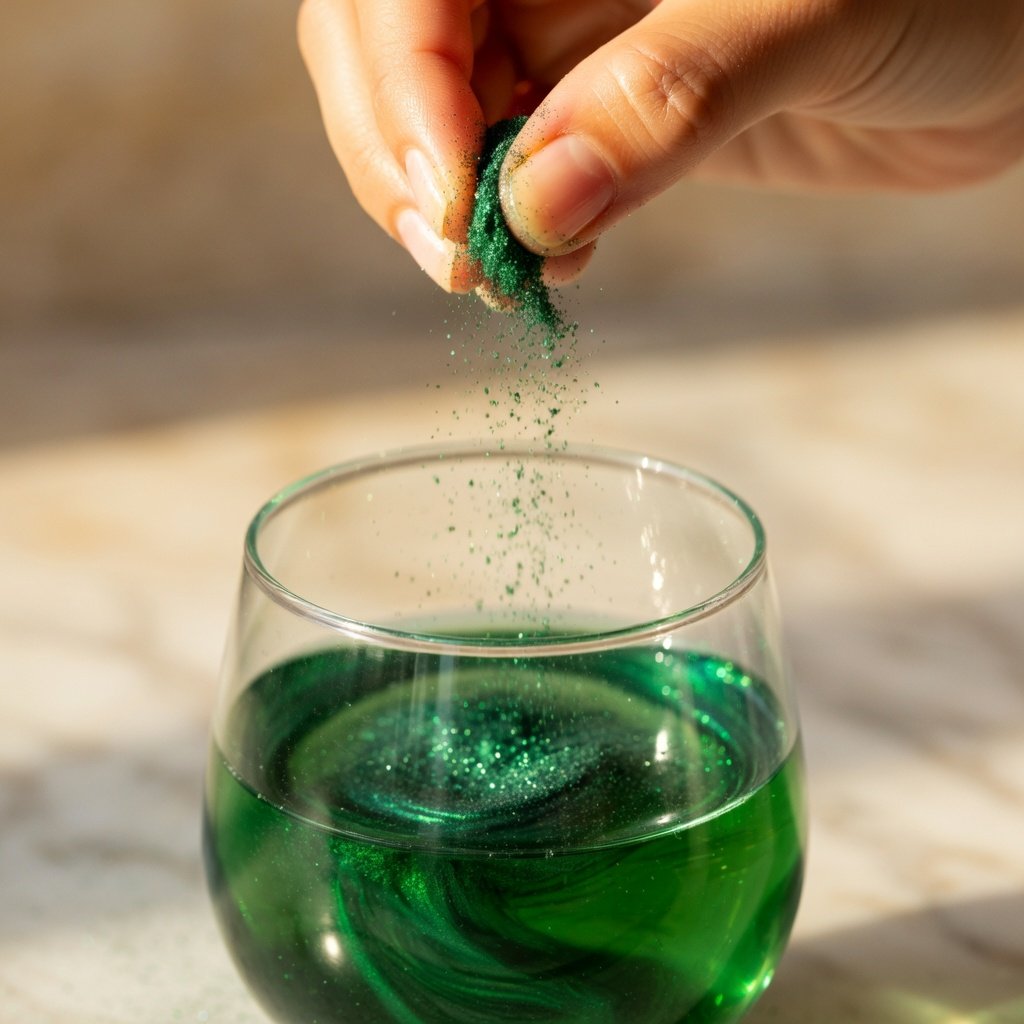 Green edible glitter in cocktail glass as hand drops a pinch of luster dust, sparkling as it falls into the drink