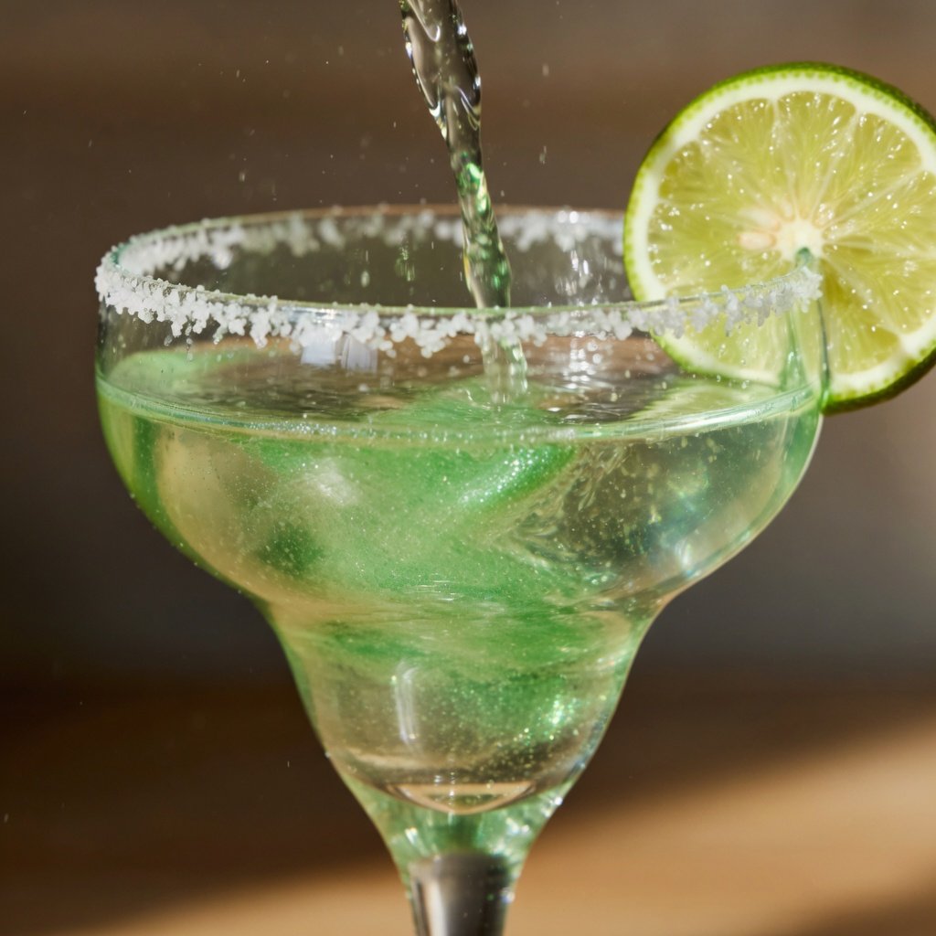 Green edible glitter cocktail mid-pour in a margarita glass with glitter particles swirling through tequila and citrus liquid