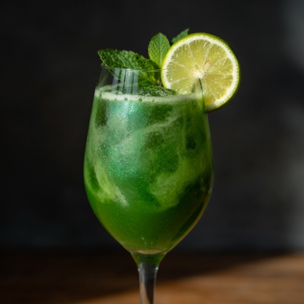 Green edible glitter swirling in a sparkling lime cucumber mocktail with edible luster dust for drinks, garnished with mint