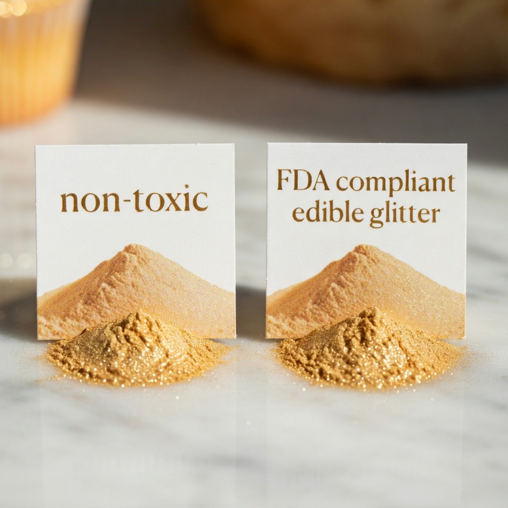 Hobby lobby edible glitter label comparison showing non-toxic vs FDA compliant edible glitter side by side