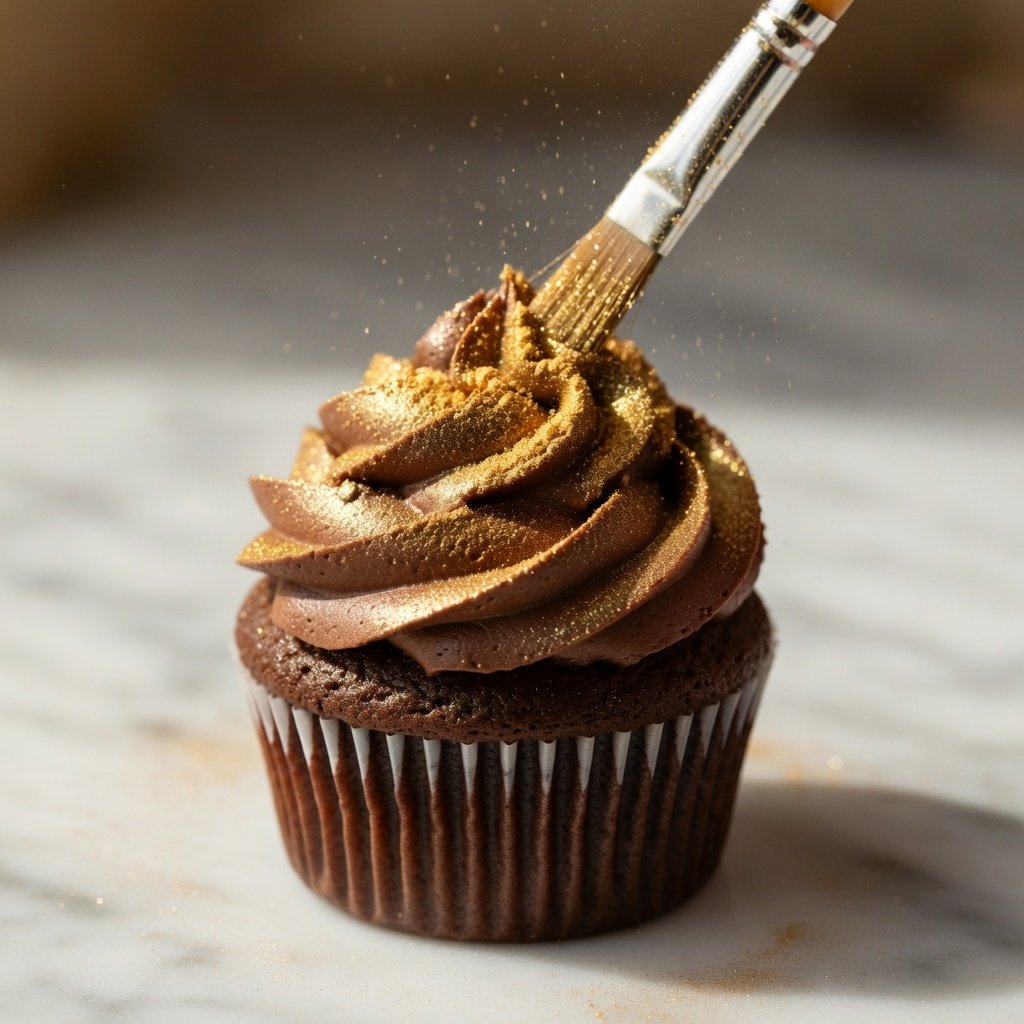 How to apply edible luster dust using a food-safe brush on a chocolate-frosted cupcake with gold shimmer