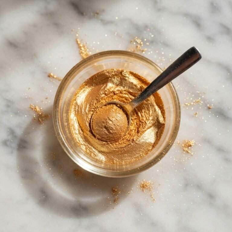 How to make edible glitter at home using gold luster dust in a glass bowl with a measuring spoon on white marble