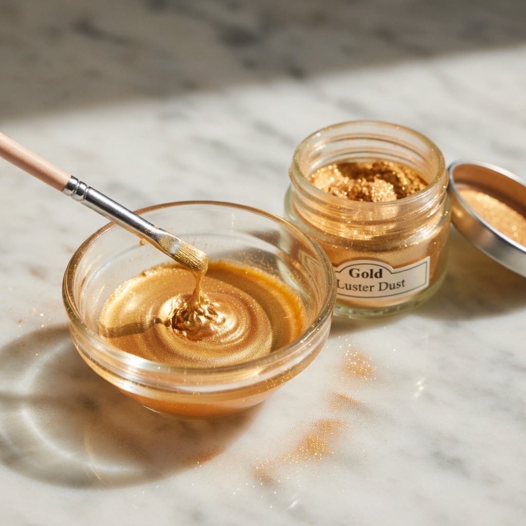 How to use edible luster dust: gold glitter paint being mixed in a glass bowl with a fine brush next to an open jar of Luster Dust on a marble surface