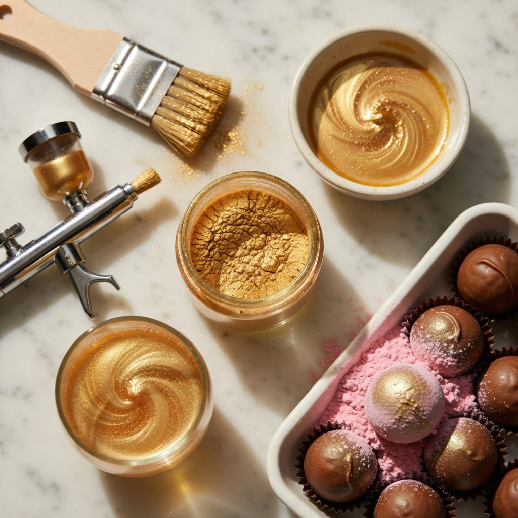 How to use luster dust: five tools including dry brush, alcohol mix, airbrush, truffles, and shimmer cocktail on marble