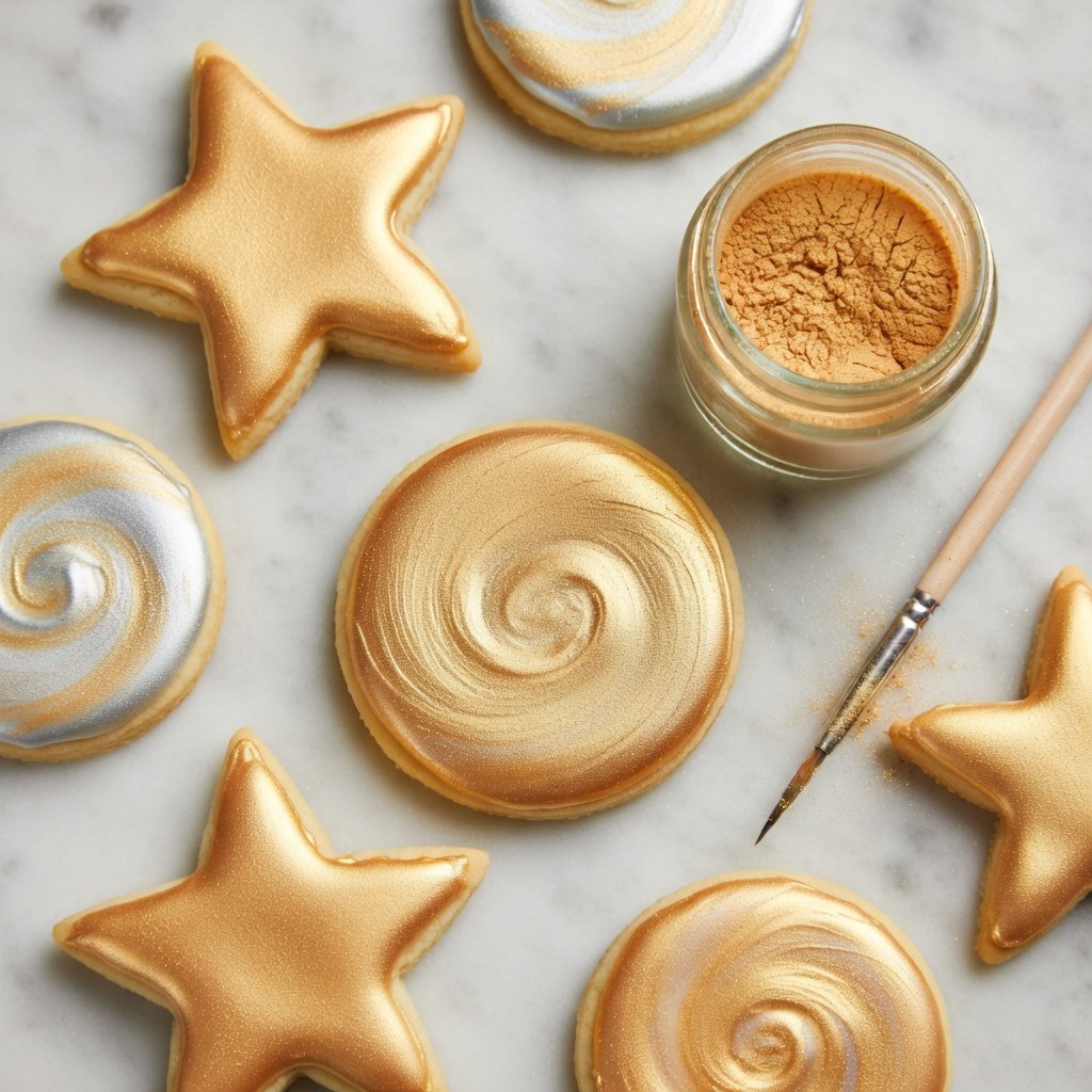 How to use luster dust on cookies: overhead flat lay of gold and silver shimmery royal icing sugar cookies with a jar of edible glitter and fine decorating brush on white marble