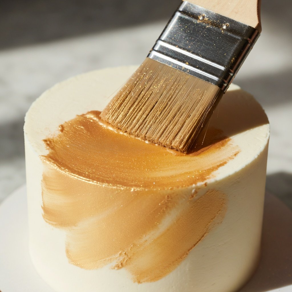 How to use edible luster dust: painting gold shimmer onto a white fondant cake tier with a wide flat brush