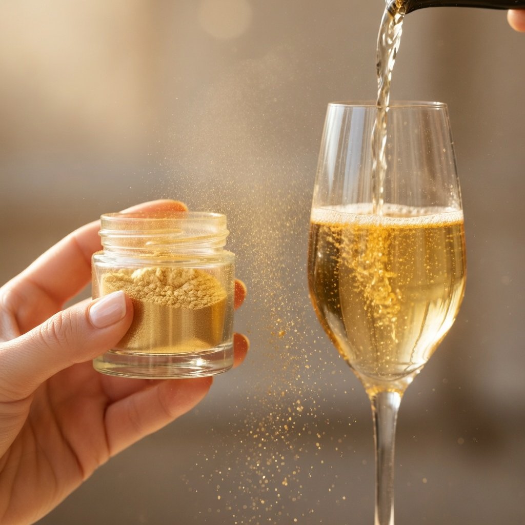 Is edible glitter safe? A hand holds a jar of gold luster dust as shimmering particles float toward a champagne flute