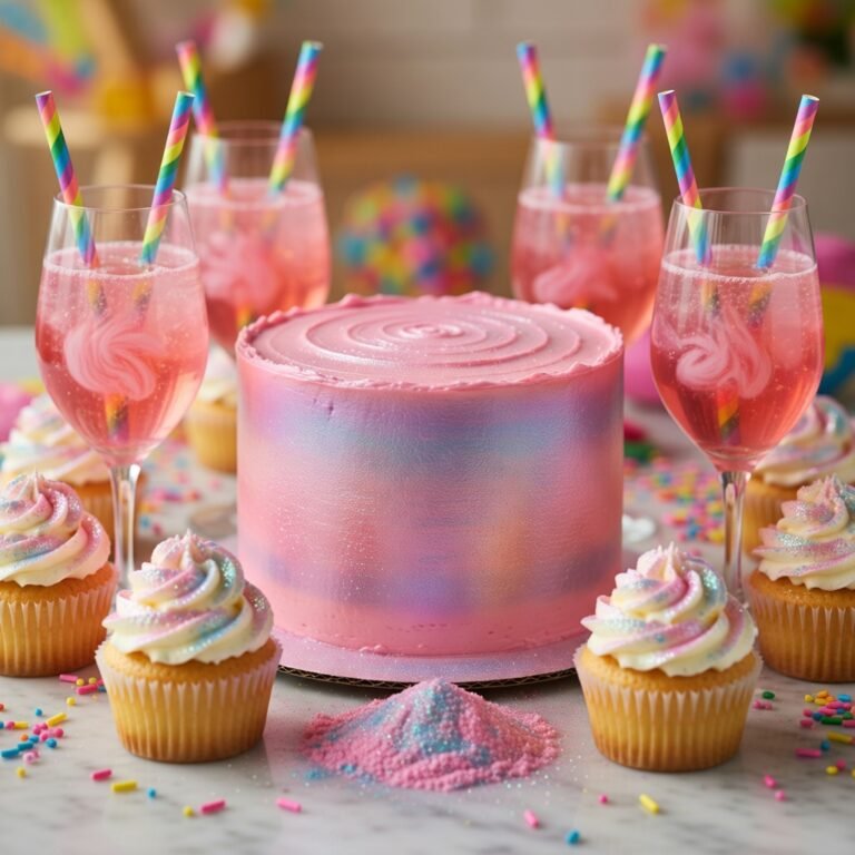 Is edible glitter safe for kids? A birthday party spread with pink edible glitter cupcakes, shimmer cake, and glitter lemonade.